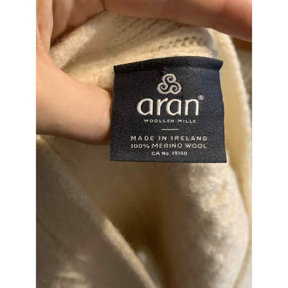 Aran V-Neck Cream Cable Knit Brown Button Merino Wool Cardigan w/ Pockets, M - Picture 3 of 6